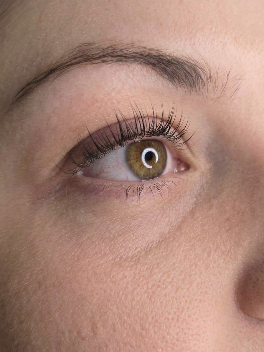 Close-up of eye showing lash lamination results — lifted, defined lashes